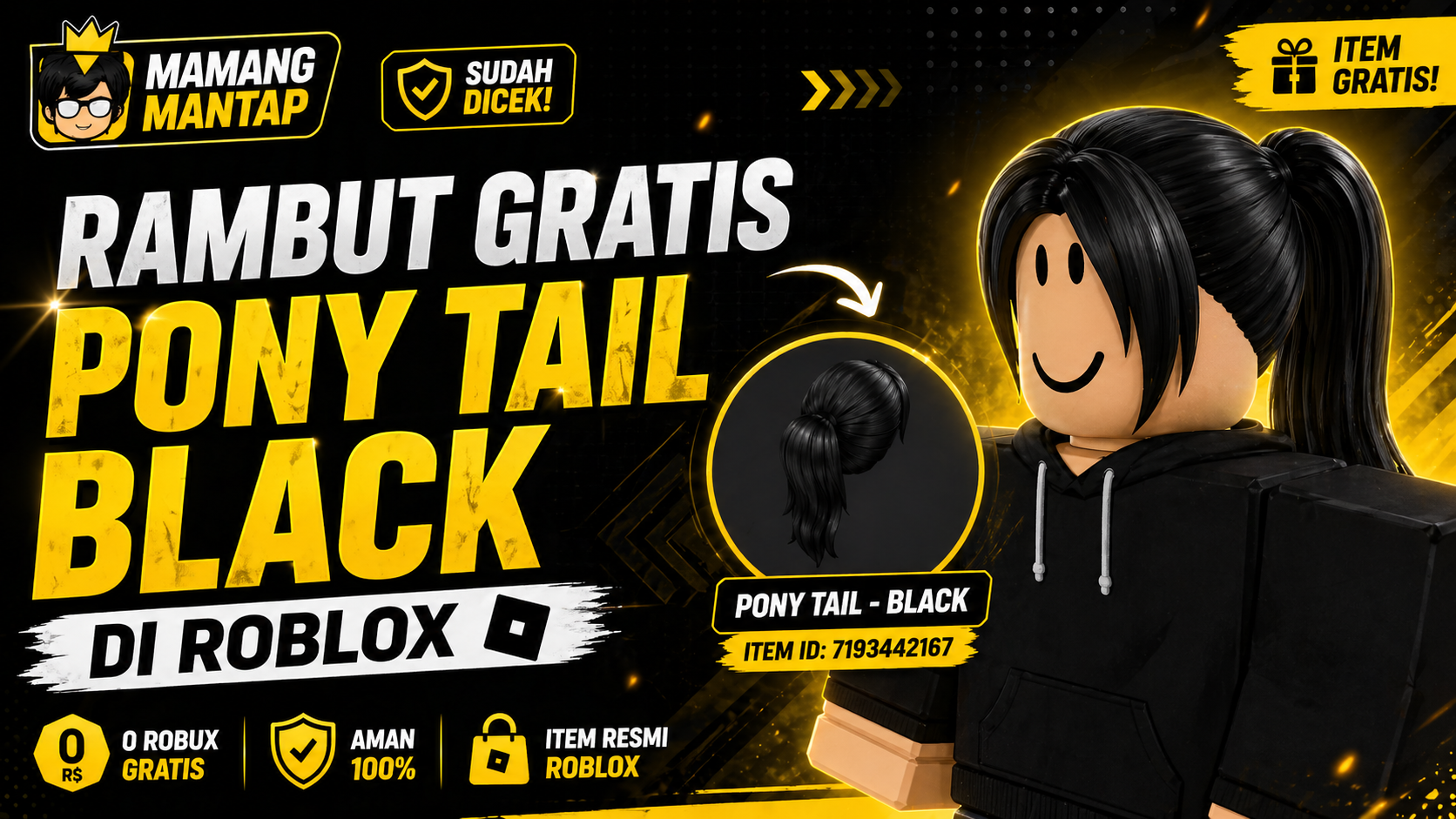 Rambut Roblox gratis Pony Tail Black